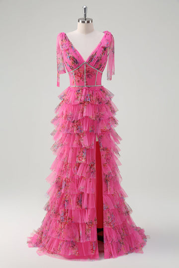 Fuchsia A Line Flæse V-hals Lagdelt Floral Prom Kjole med slids